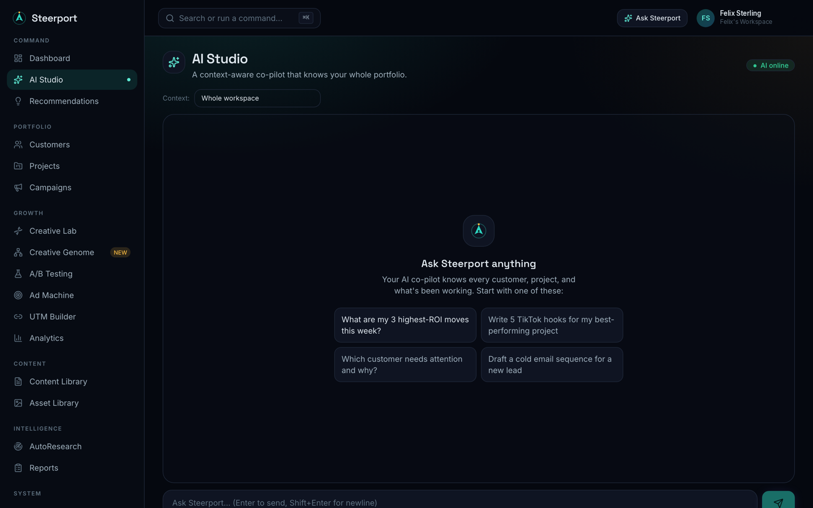 The AI Studio — a context-aware co-pilot that knows your whole portfolio, with quick-start prompts.