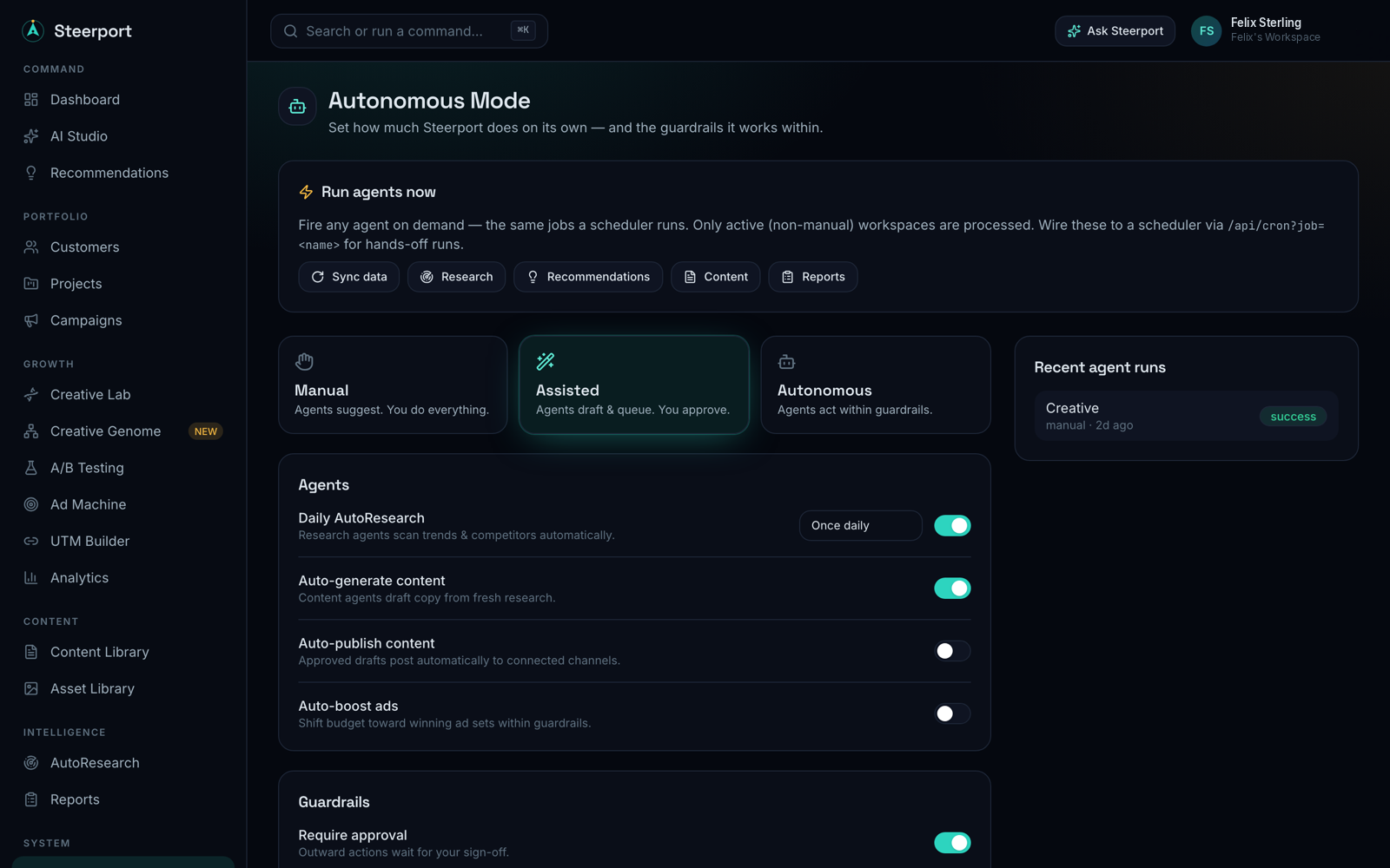 Autonomous Mode — choose Manual, Assisted, or Autonomous, toggle each agent, and set guardrails like require-approval.
