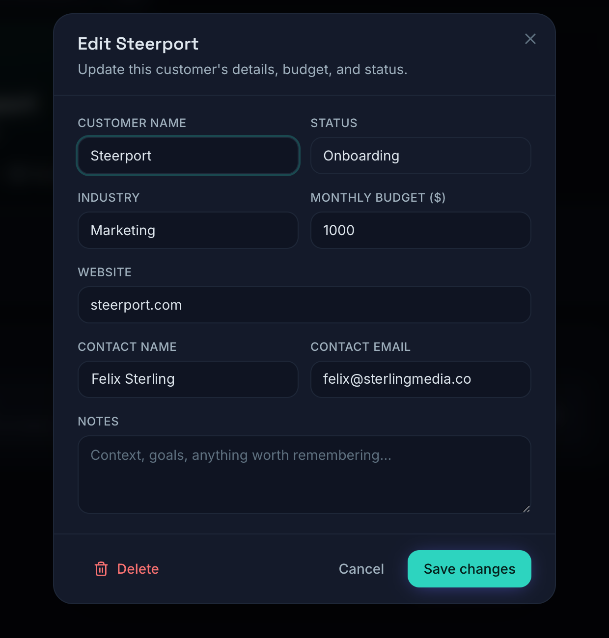 Editing a customer — update budget, status, and details, or delete the customer.