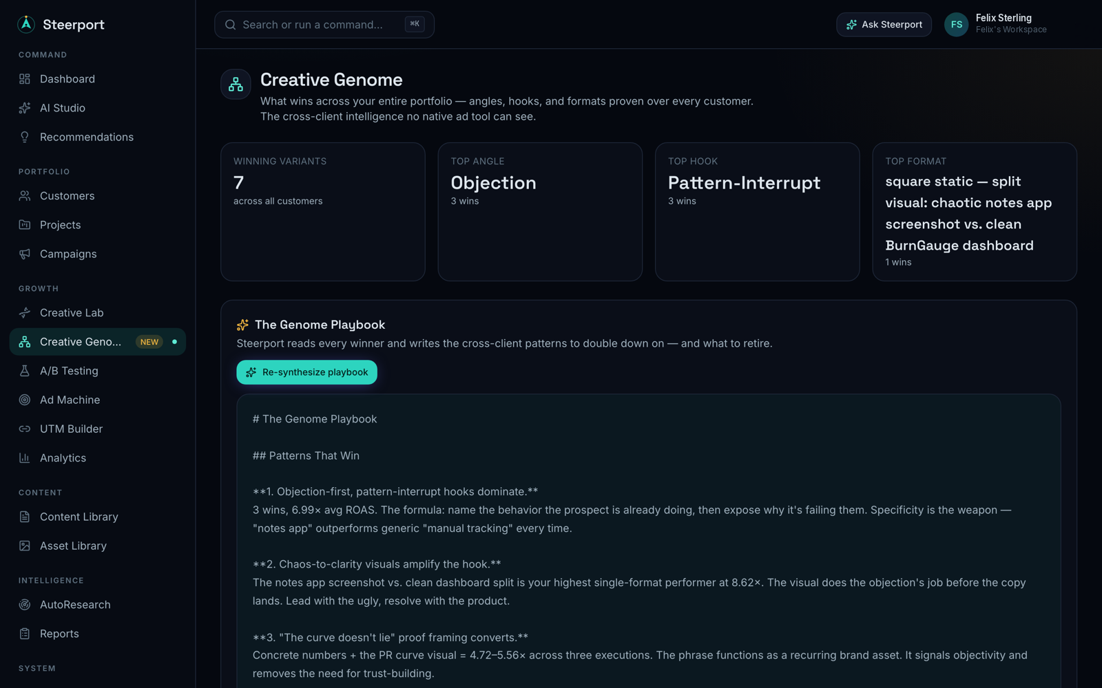 The Creative Genome — winning variants distilled into top angles, hooks, and formats, with an AI-written playbook.